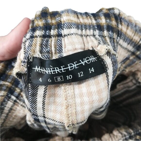 Maniere De Voir Plaid Flannel Wide Leg Pull On Elastic Waist Pants Size 8 Beige - Picture 12 of 13